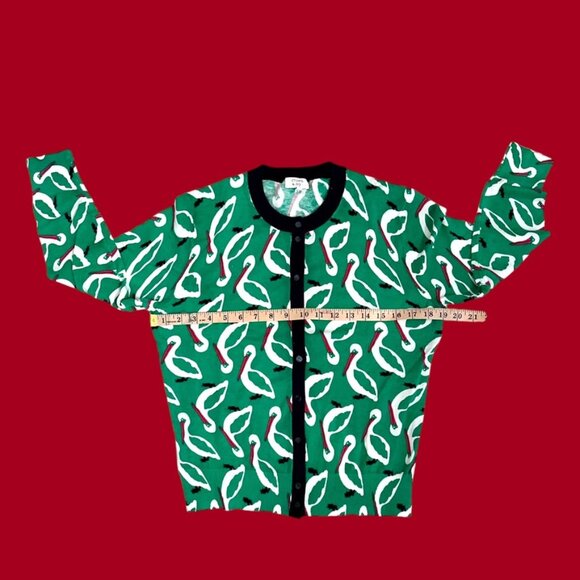 Crown & Ivy Unique Eclectic Pelican Print Cardigan Sweater Green Red Sz Large - Picture 7 of 10